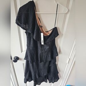 MARINA Black One Shoulder Ruffled Dress